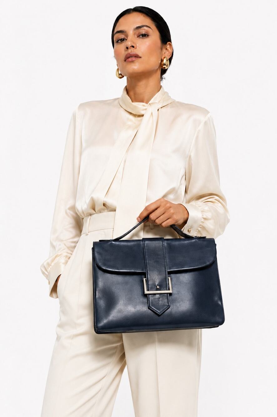 Vintage Pierre Balmain Navy Leather Top Handle Satchel Silver Hardware France
